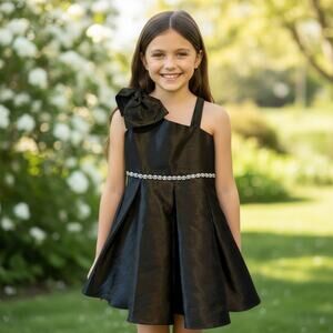 Rare Editions Black Formal Kids Dress with Bow and Rhinestone waist size 7